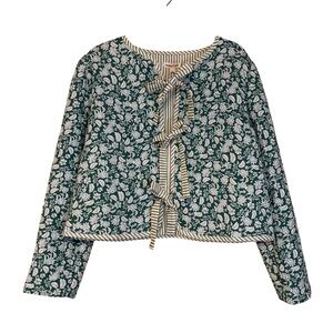 Main Strip Quilted Women’s Green Floral & Stripes Tie Front Blouse Large NWT